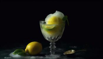 Refreshing lemonade cocktail with ice, citrus slices, and mint leaf generated by AI photo