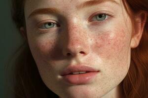 a close up of a woman with freckles AI generated photo