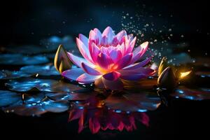 Beautiful pink water lily or lotus flower on dark background AI Generated photo