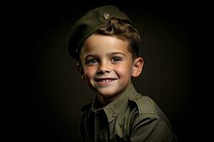 retrato de un linda pequeño chico en militar uniforme en oscuro antecedentes ai generado foto