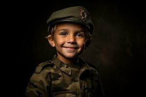 retrato de un linda pequeño chico en militar uniforme en oscuro antecedentes ai generado foto