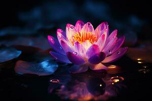 hermosa rosado agua lirio o loto flor en oscuro antecedentes ai generado foto