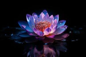 Beautiful pink water lily or lotus flower on dark background AI Generated photo