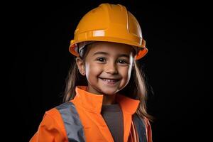 retrato de un sonriente pequeño niña en un construcción casco ai generado foto