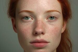 a close up of a woman with freckles AI generated photo