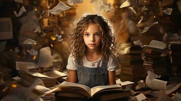 pequeño niña leyendo un libro en el biblioteca con otoño hojas alrededor su. generativo ai foto