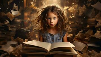 pequeño niña leyendo un libro en el biblioteca con otoño hojas alrededor su. generativo ai foto