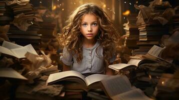 pequeño niña leyendo un libro en el biblioteca con otoño hojas alrededor su. generativo ai foto