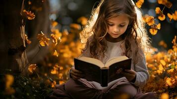 pequeño niña leyendo un libro en el biblioteca con otoño hojas alrededor su. generativo ai foto