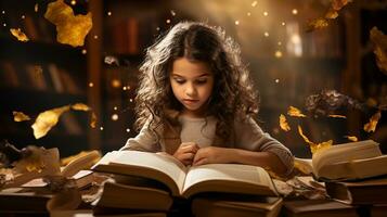 Little girl reading a book in the library with autumn leaves around her. Generative AI photo