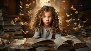 pequeño niña leyendo un libro en el biblioteca con otoño hojas alrededor su. generativo ai foto