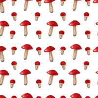 Seamless pattern of mushrooms.Big and small autumn forest plant. Template for creating fabrics, wrapping paper, invitations.Watercolor and marker illustration.Hand art. png