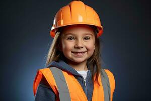 retrato de un sonriente pequeño niña en un construcción casco ai generado foto