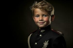 retrato de un linda pequeño chico en militar uniforme en oscuro antecedentes ai generado foto