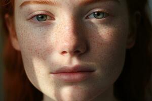 a close up of a woman with freckles AI generated photo