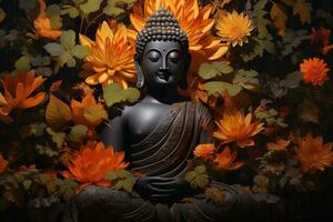 Buddha statue surrounded by orange flowers on a black background AI Generated photo