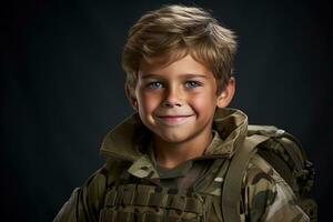 retrato de un linda pequeño chico en militar uniforme en oscuro antecedentes ai generado foto