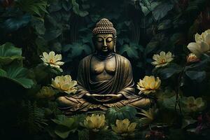 Buddha statue with lotus flower and green leaves background AI Generated photo