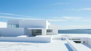 Modern architecture, white building with blue sky background. 3d render. Generative AI photo