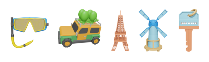 3D icon world tourism day collection rendered isolated on the transparent background. scuba diving mask, safari jeep, eiffel tower, windmill, and hotel key object for your design. png