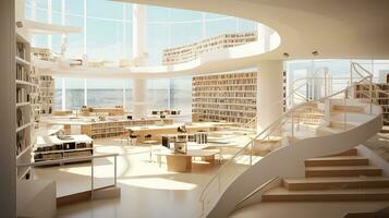 Interior of modern library with white walls, wooden floor, rows of bookcases and bookcases. 3d rendering. Generative AI photo