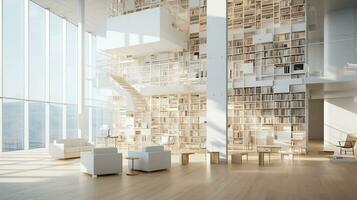 Interior of modern library with white walls, wooden floor, rows of bookcases and bookcases. 3d rendering. Generative AI photo