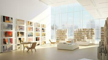 Interior of modern library with white walls, wooden floor, rows of bookcases and bookcases. 3d rendering. Generative AI photo