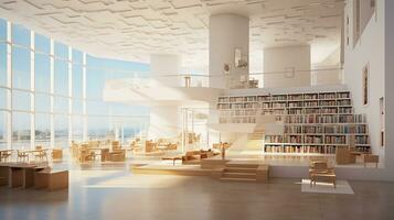 Interior of modern library with white walls, wooden floor, rows of bookcases and bookcases. 3d rendering. Generative AI photo