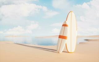 Surfboard at the beach, 3d rendering. photo