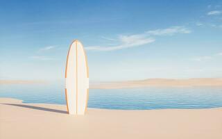 tabla de surf a el playa, 3d representación. foto
