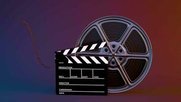 Clapper board and rotating film tape, 3d rendering. video