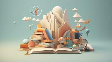 literacy books concept, 3D minimalist object, 3D rendering. Generative AI photo