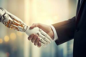 Businessman shake hand with robot in office room .Created with Generative AI technology photo