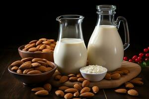 almendra Leche en vaso con almendras.salud comida concepto.creado con generativo ai tecnología. foto