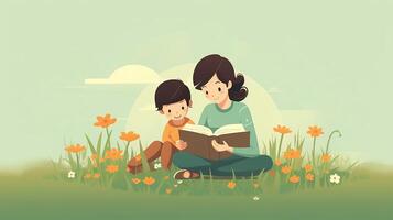 A mother reads a story book to her child. Generative Ai photo