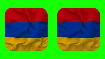 Armenië vlag in schildknaap vorm geïsoleerd met duidelijk en buil textuur, 3d weergave, groen scherm, alpha matte video