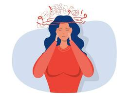 woman suffers from obsessive thoughts headache unresolved issues psychological trauma depression.Mental stress panic mind disorder illustration Flat vector illustration.