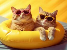 Cute and funny cats in trendy yellow sunglasses sleep in a rubber ring on isolated a pastel background with a copy space.animal summer holiday concept.Created with Generative AI technology photo