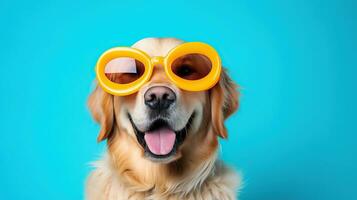 Cute and funny Golden Retriever in trendy sunglass on isolated background.animal summer holiday concept.Created with Generative AI technology photo