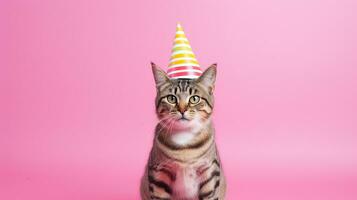 Cute Cat  with cone hat and necklace bowtie on isolated background.Happy birthday concept.created with Generative AI technology photo