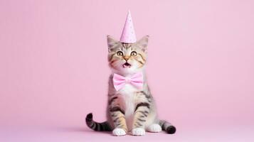 linda gato con cono sombrero y collar corbata de moño en aislado fondo.feliz cumpleaños concepto.creado con generativo ai tecnología foto