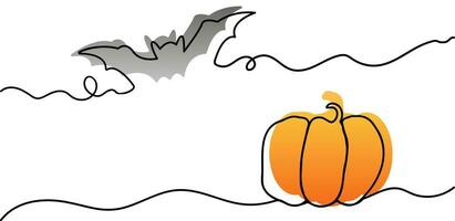 Ripe orange bright pumpkin and bat in line art style, banner with copy space on white background, happy halloween concept, autumn harvest, halloween. Design for advertising, flyers, invitations vector