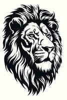 En face portrait of a standing African lion with a big mane in a black and white vector design photo