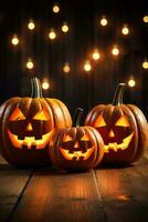 Three lit jack-o-lanterns displayed on a wooden table isolated on a white background photo