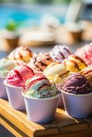 Colorful ice cream in paper cups perfect for satisfying sweet cravings on a hot day photo