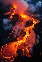 Aerial view of lava spreading from volcano photo