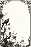 Antique-style calligraphic ornament with raven birds forming copy space frame in black and white vector design photo