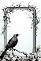 Antique-style calligraphic ornament with raven birds forming copy space frame in black and white vector design photo