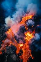 Aerial view of lava spreading from volcano photo