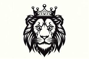 En face portrait of a standing African lion with a big mane in a black and white vector design photo